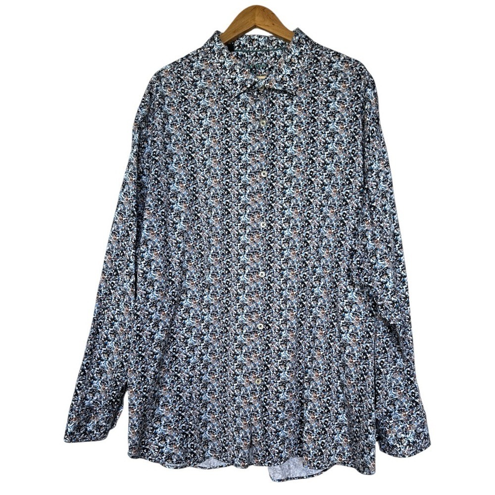 Visconti Black Mens 2XLB Blue Abstract Floral Print Stretch Button Down Shirt